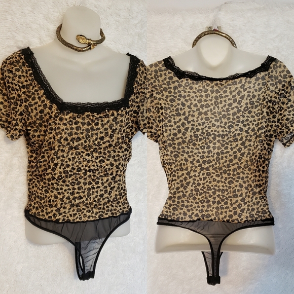 Vintage Leopard Print Square Neck Thong Bodysuit by Cache - Picture 2 of 10